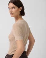 Camiseta manga corta punto lana espiga calada beige