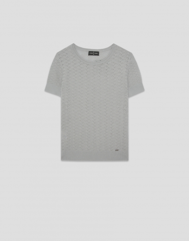 Grey openwork herringbone wool knit short-sleeved T-shirt