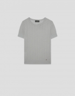 Grey openwork herringbone wool knit short-sleeved T-shirt