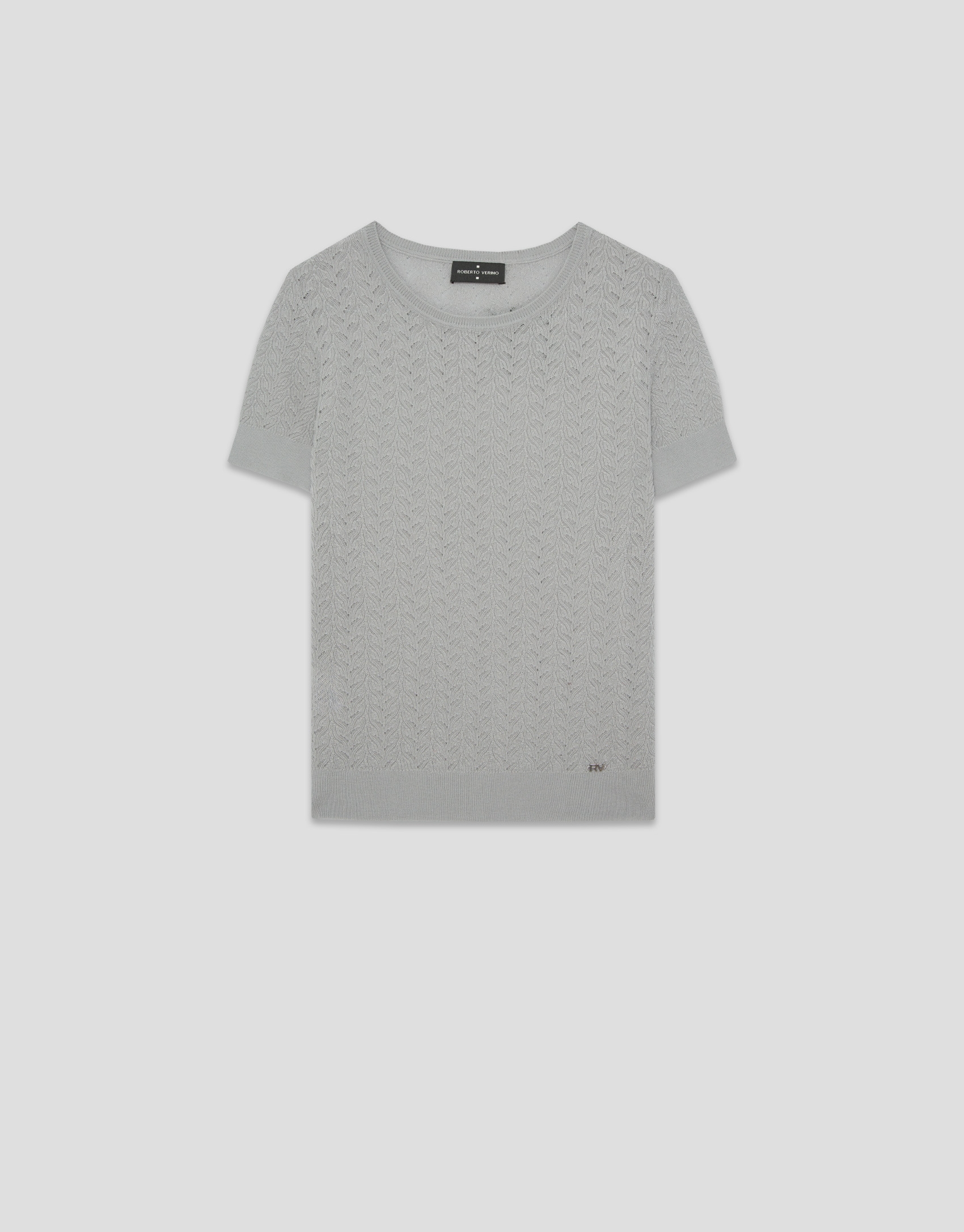 Grey openwork herringbone wool knit short-sleeved T-shirt
