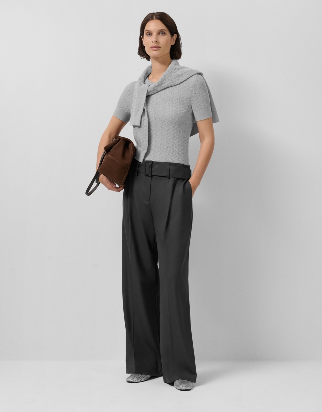 Grey openwork herringbone wool knit short-sleeved T-shirt