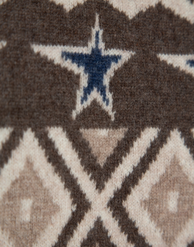 Jersey de cuello subido lana y cashmere marrón con greca