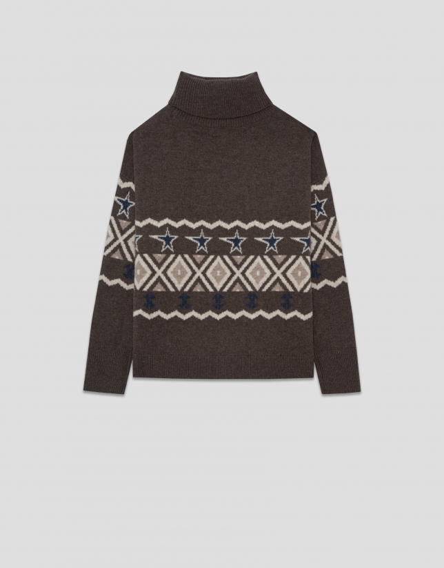 Jersey de cuello subido lana y cashmere marrón con greca