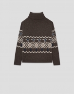 Jersey de cuello subido lana y cashmere marrón con greca