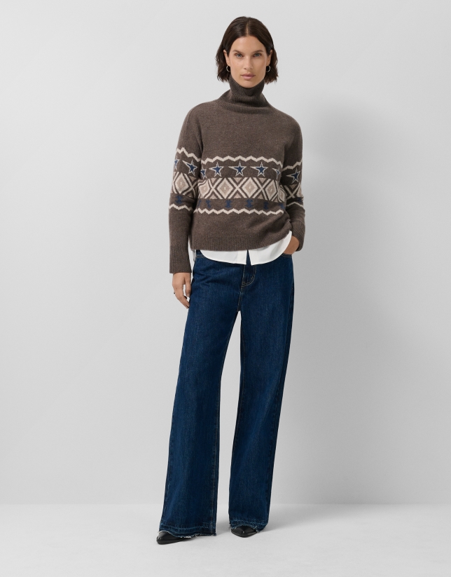 Jersey de cuello subido lana y cashmere marrón con greca