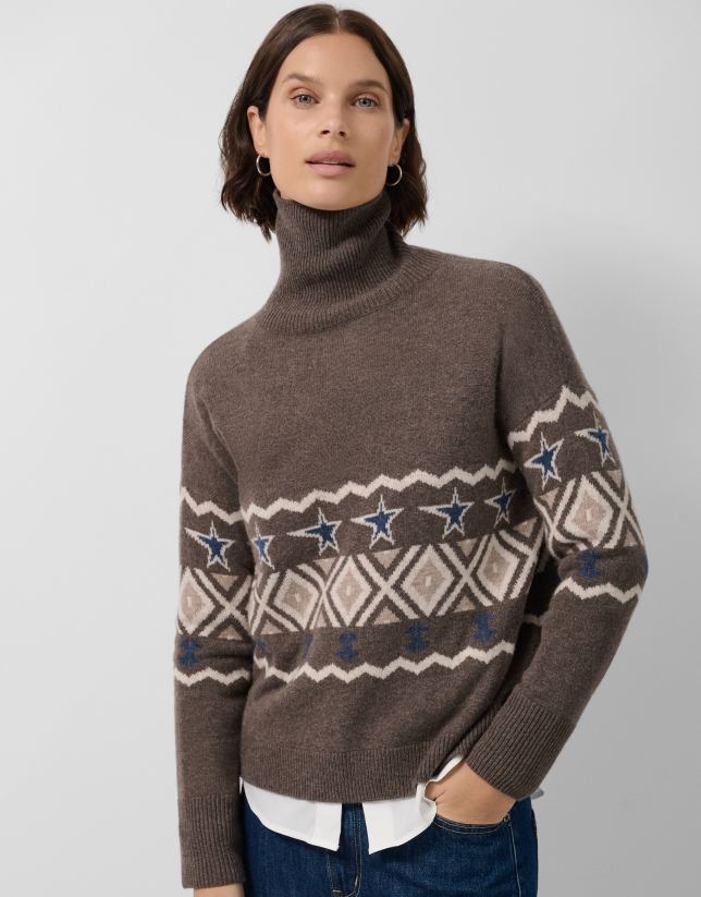 Jersey de cuello subido lana y cashmere marrón con greca