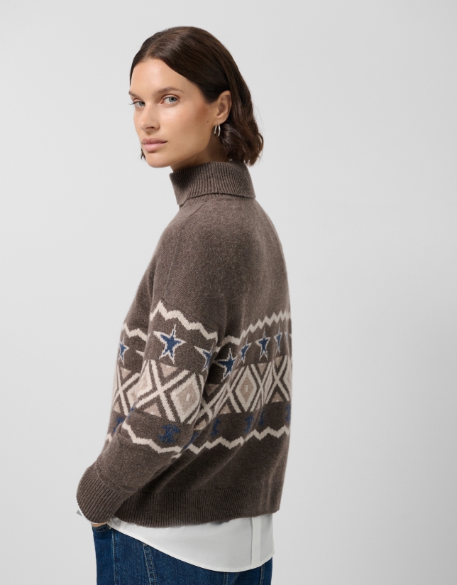 Jersey de cuello subido lana y cashmere marrón con greca