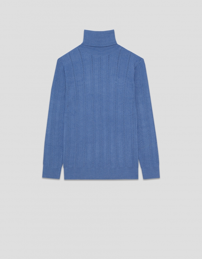Blue herringbone and ribbed sweater