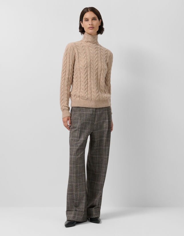 Beige cable knit funnel neck sweater