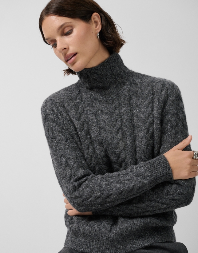 Dark grey cable knit funnel neck sweater