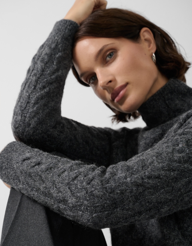 Dark grey cable knit funnel neck sweater