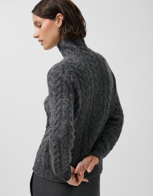 Dark grey cable knit funnel neck sweater