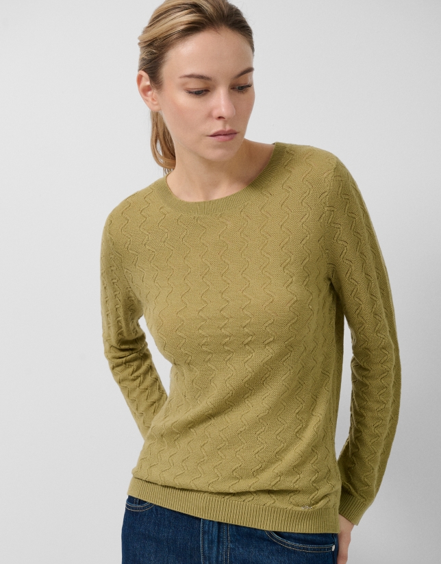 Jersey cuello barco punto ondas verde oliva