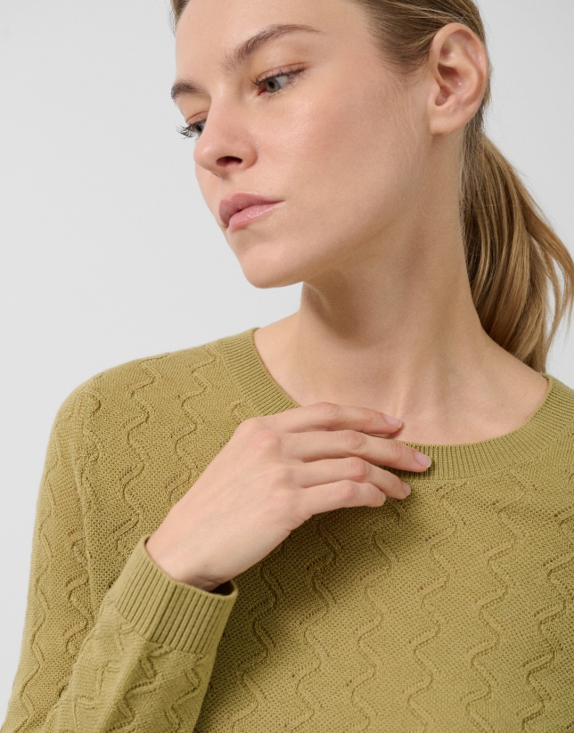 Jersey cuello barco punto ondas verde oliva