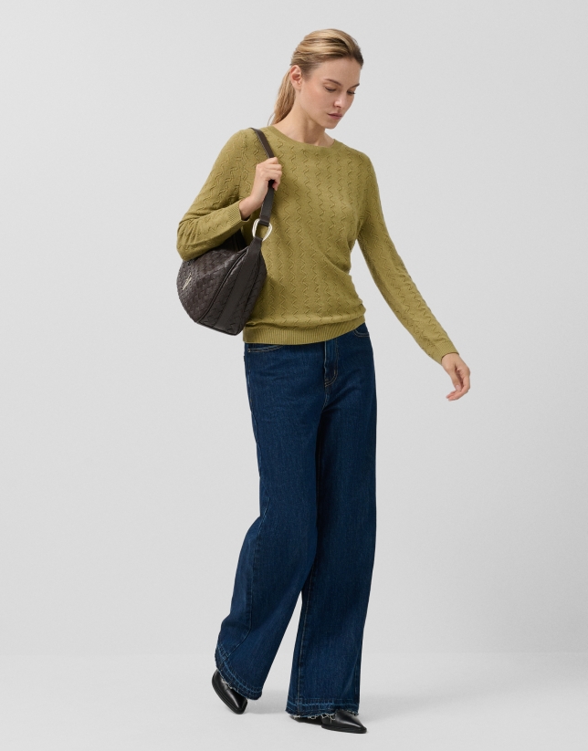 Olive green wave knit boat neck sweater