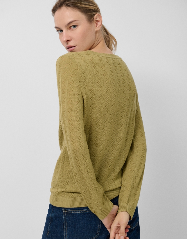 Jersey cuello barco punto ondas verde oliva