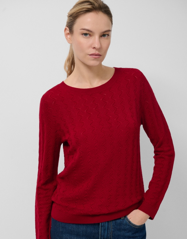 Red wave knit boat neck sweater