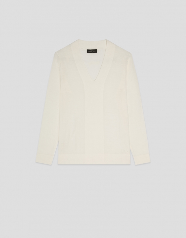 Jersey escote pico lana galga fina crudo