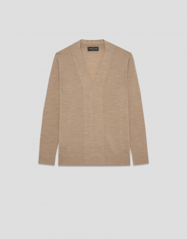 Jersey escote pico lana galga fina beige