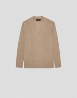 Beige fine gauge wool V-neck sweater