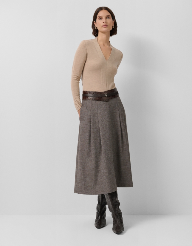 Jersey escote pico lana galga fina beige