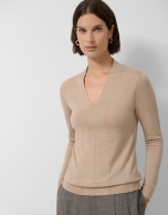 Beige fine gauge wool V-neck sweater