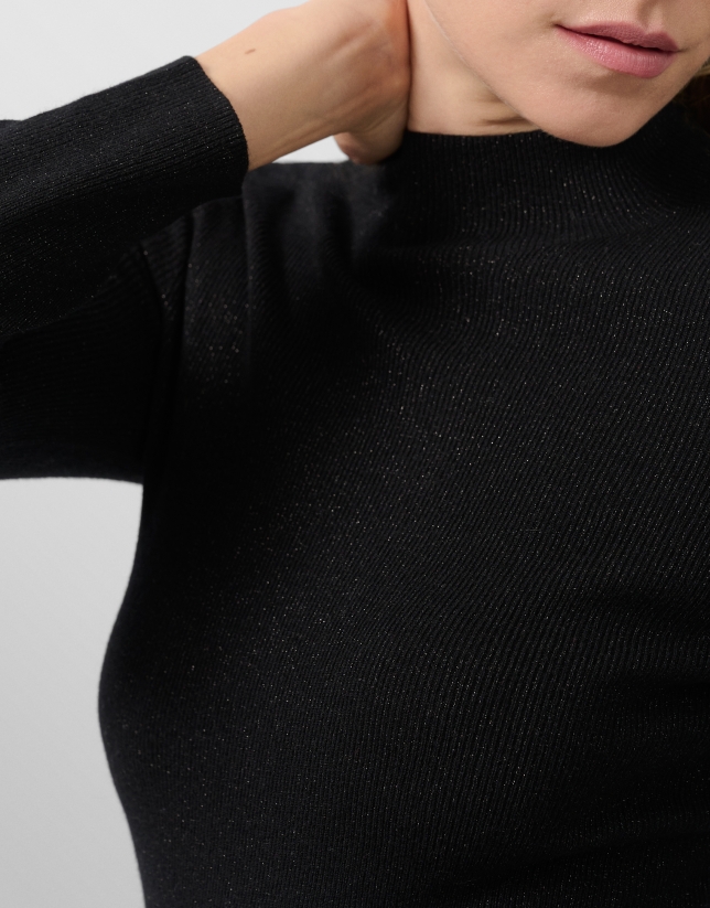 Black wool and silk turtleneck sweater with lurex