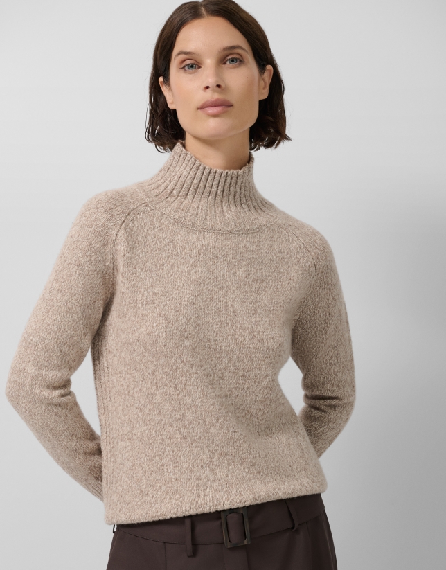 Jersey grueso cuello vuelto lana marrón melange