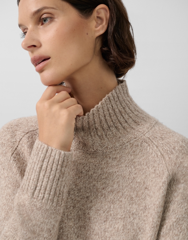 Jersey grueso cuello vuelto lana marrón melange