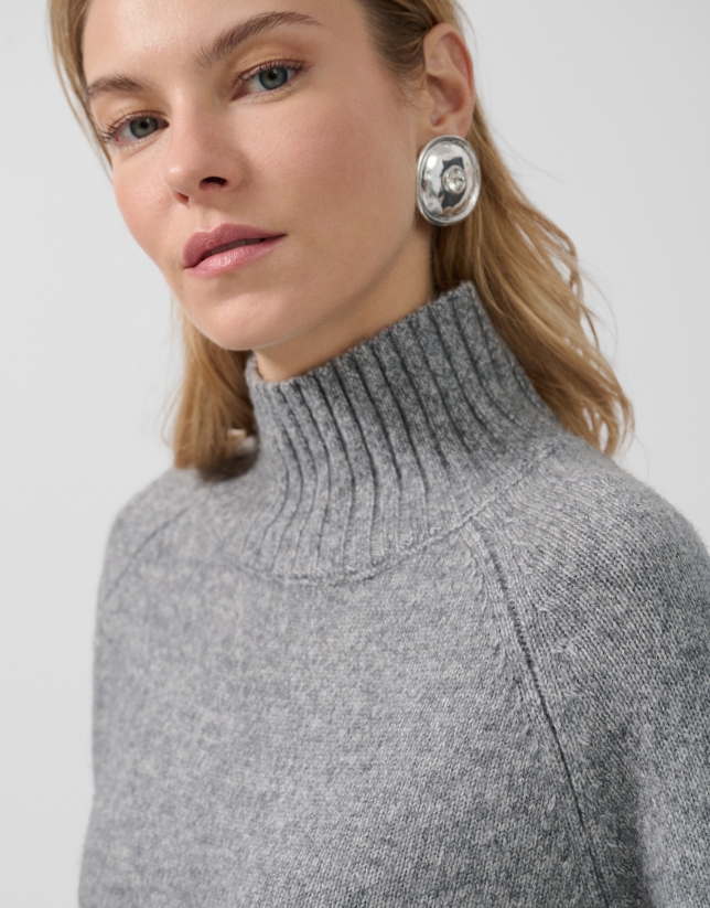 Jersey grueso cuello vuelto lana gris melange
