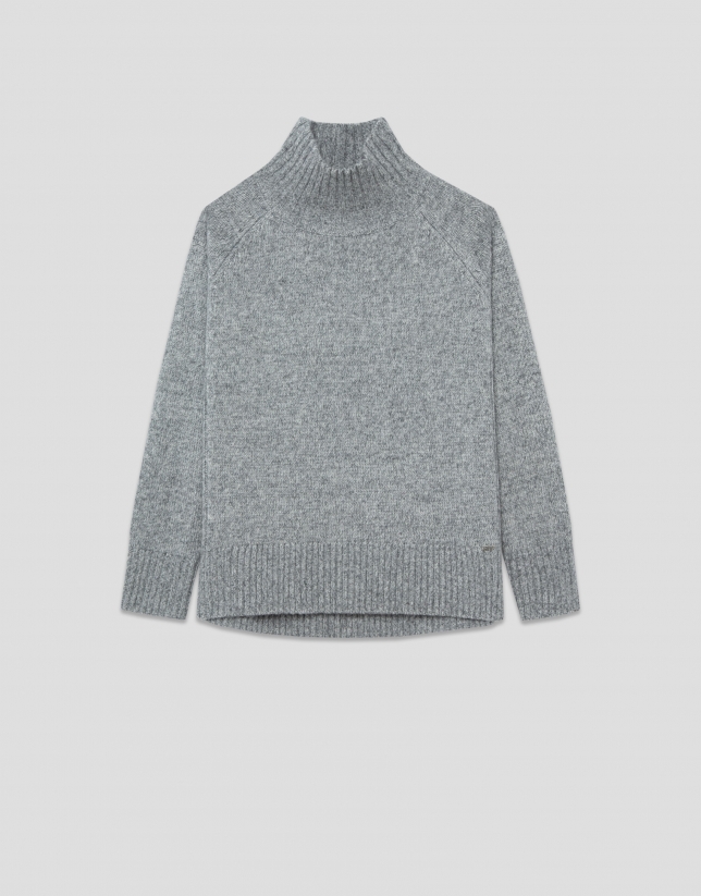 Jersey grueso cuello vuelto lana gris melange