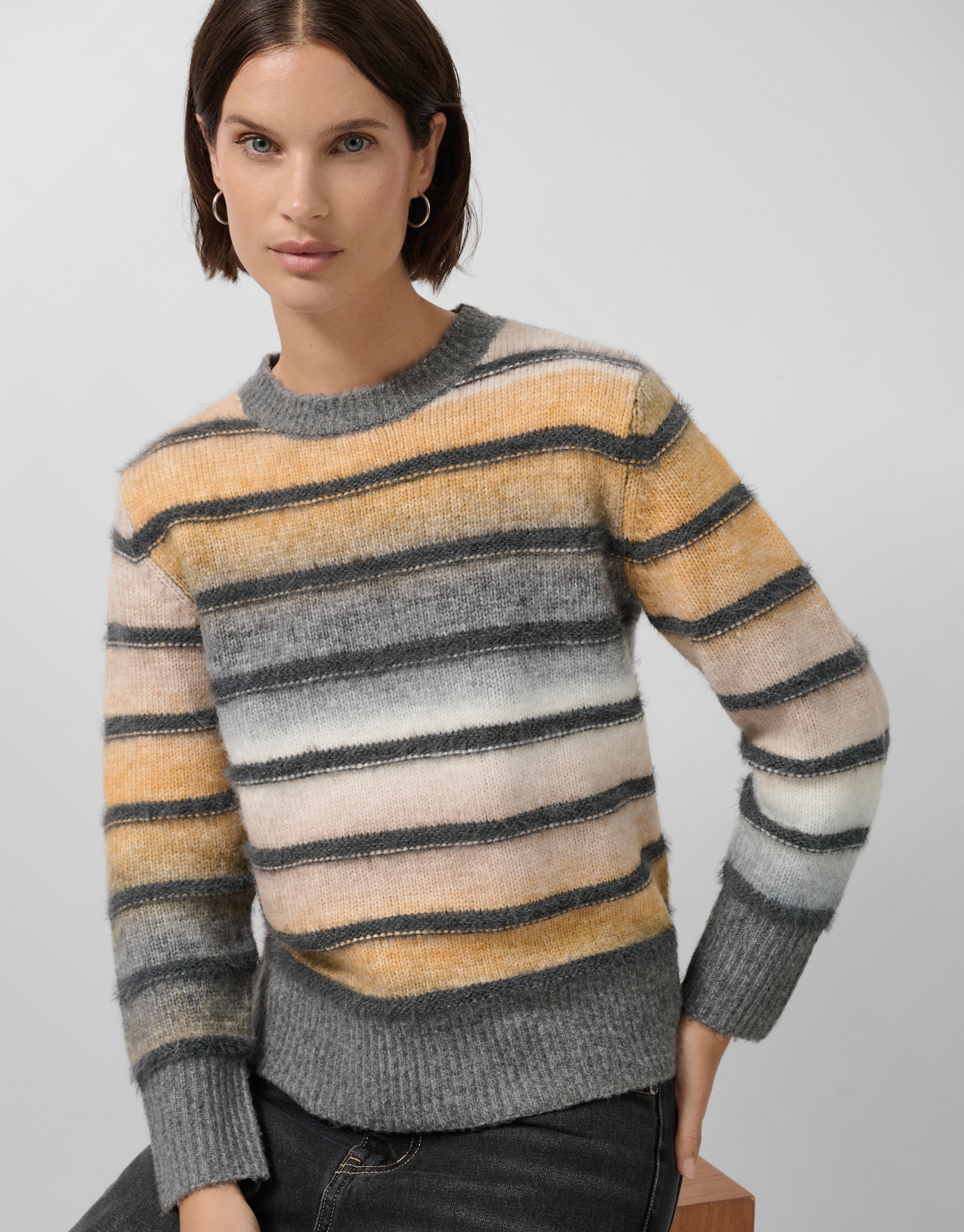 Jersey punto fantas&iacute;a franjas gris, beige y c&aacute;mel