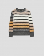 Fancy knit sweater with grey, beige and camel stripes