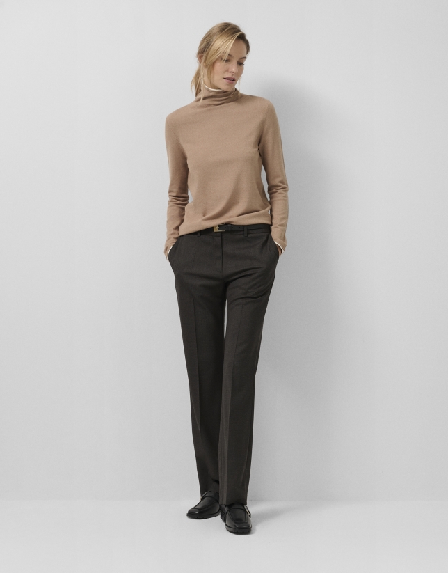 Camel double-edged funnel neck sweater