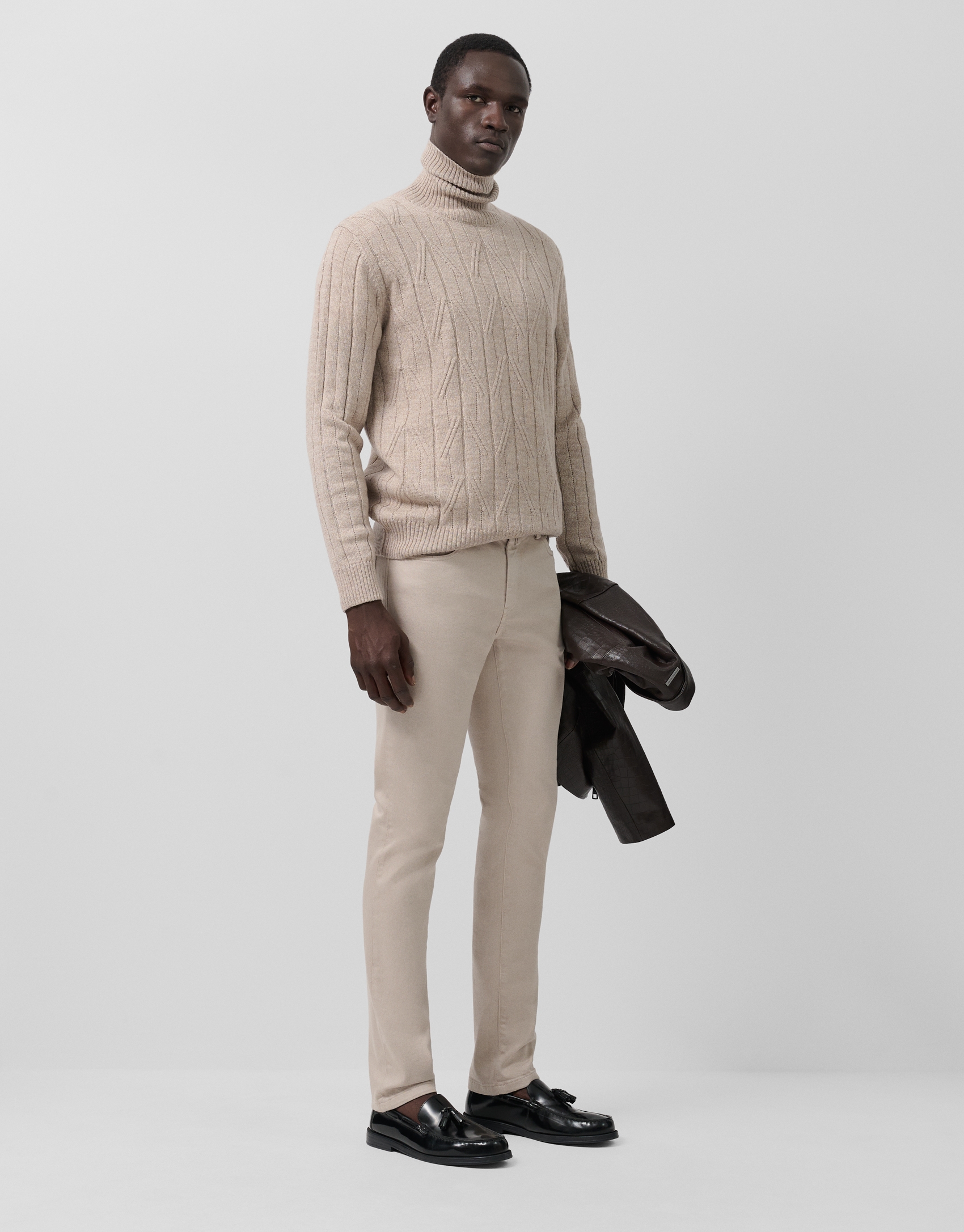 Beige dyed twill five-pocket trousers