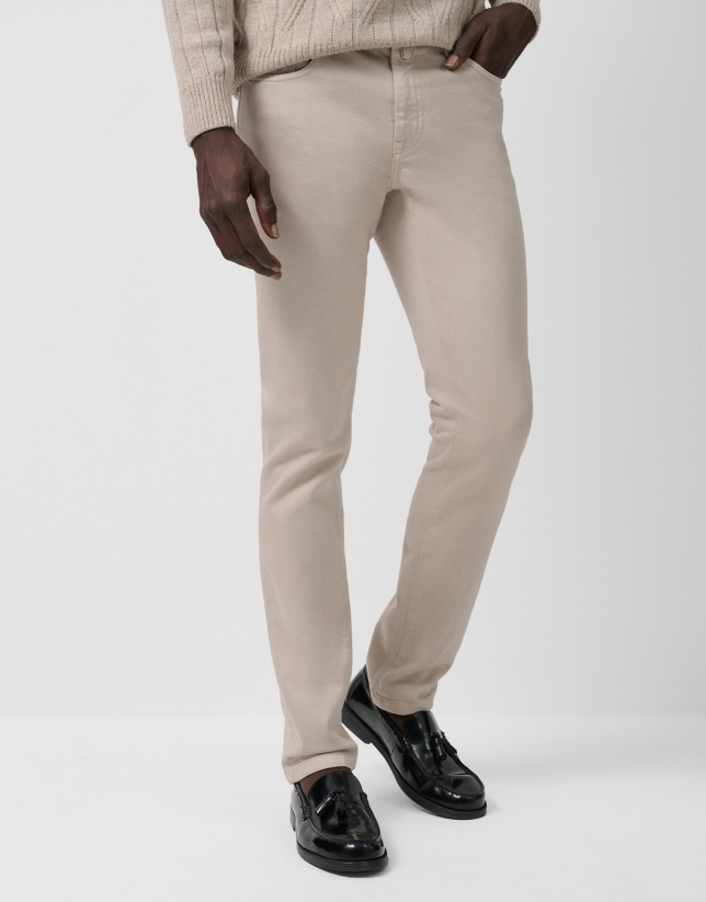 Beige dyed twill five-pocket trousers