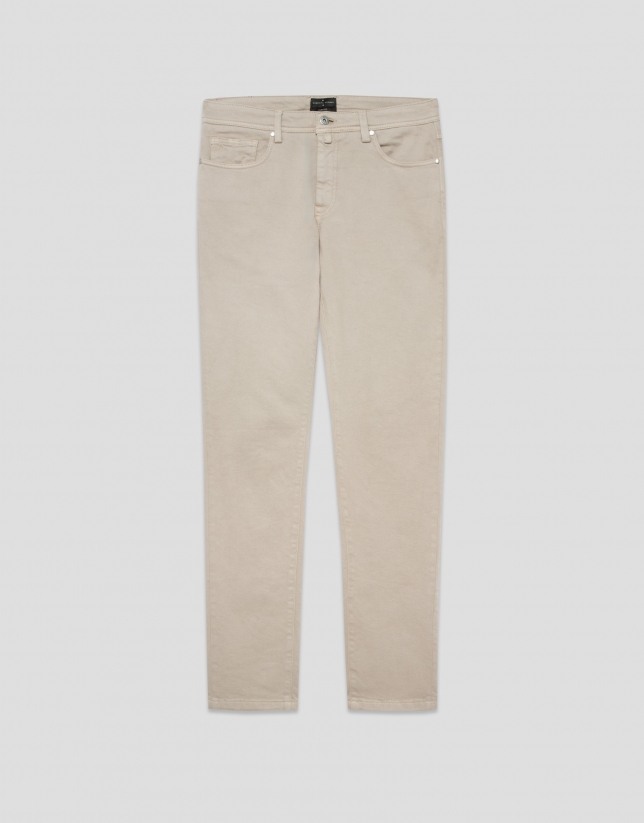 Beige dyed twill five-pocket trousers