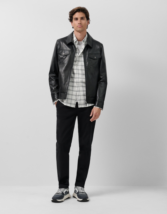 Regular fit grey/ecru checked sport shirt