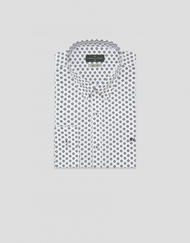 White slim sport shirt with anthracite geometric print