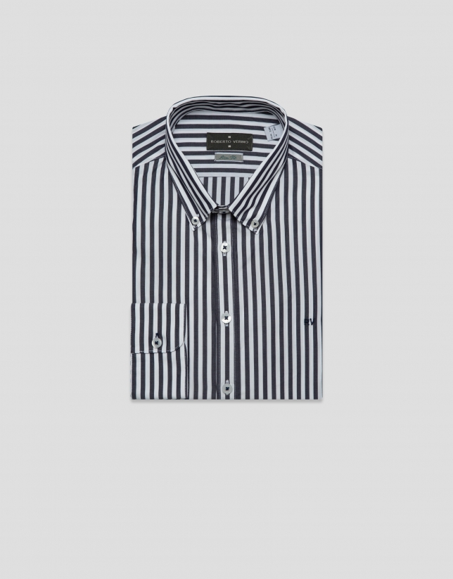 Camisa sport slim algodón rayas blanco/marino