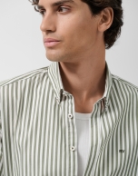Slim fit cotton striped sport shirt in white/khaki