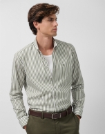 Slim fit cotton striped sport shirt in white/khaki