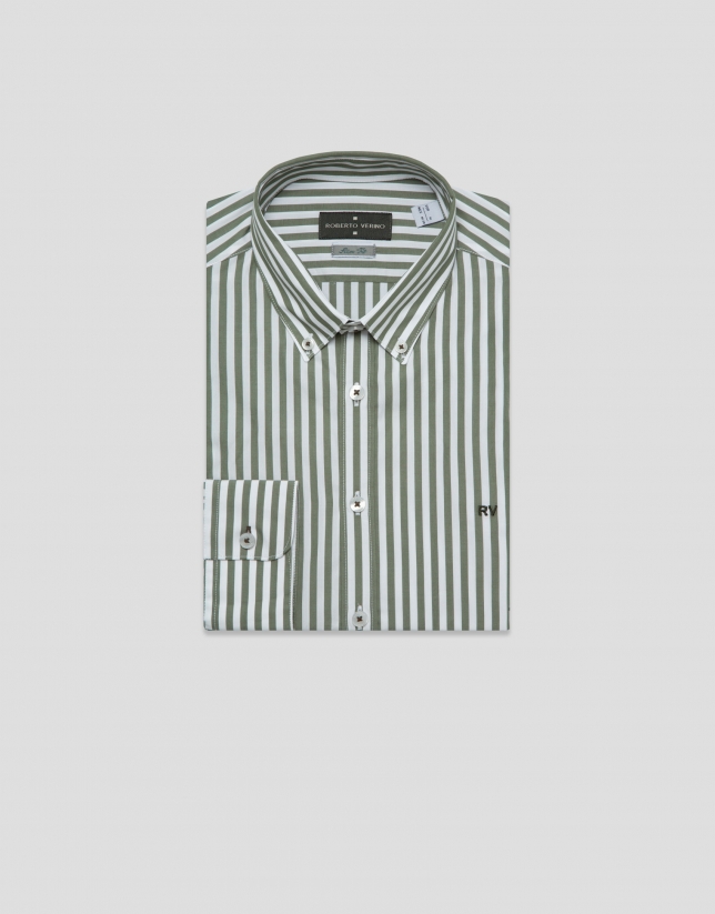Slim fit cotton striped sport shirt in white/khaki