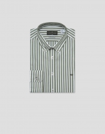 Slim fit cotton striped sport shirt in white/khaki