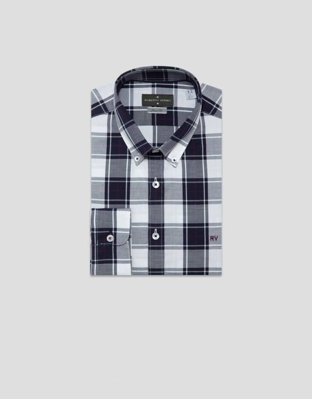 Slim fit white checked sport shirt with navy/plum profiles