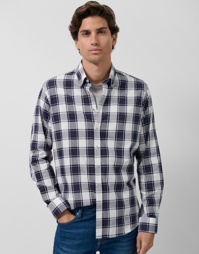 Slim fit white checked sport shirt with navy/plum profiles