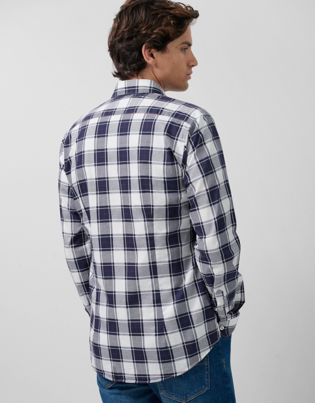 Slim fit white checked sport shirt with navy/plum profiles