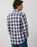 Slim fit white checked sport shirt with navy/plum profiles