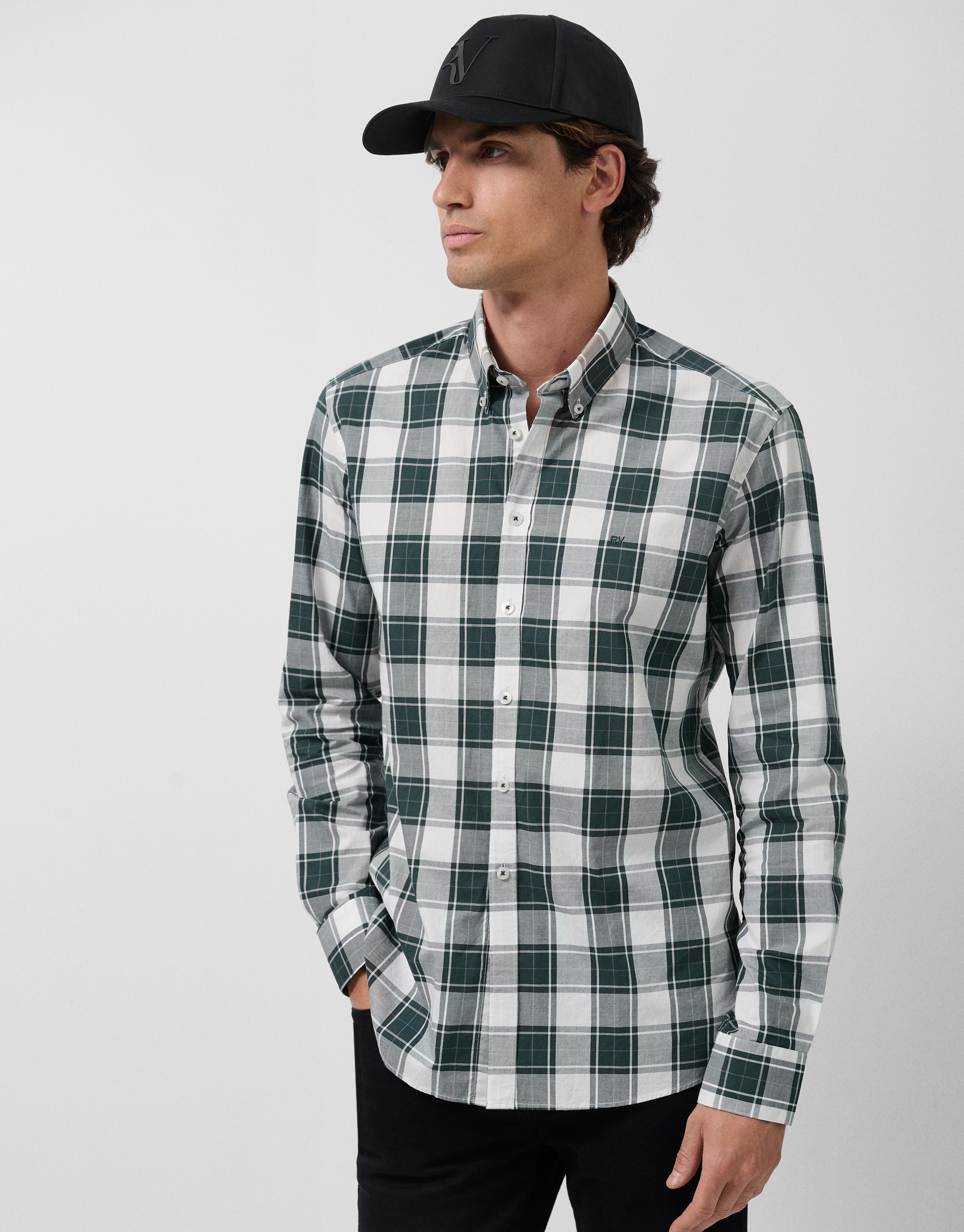 Slim fit green checked sport shirt with white/grey trim
