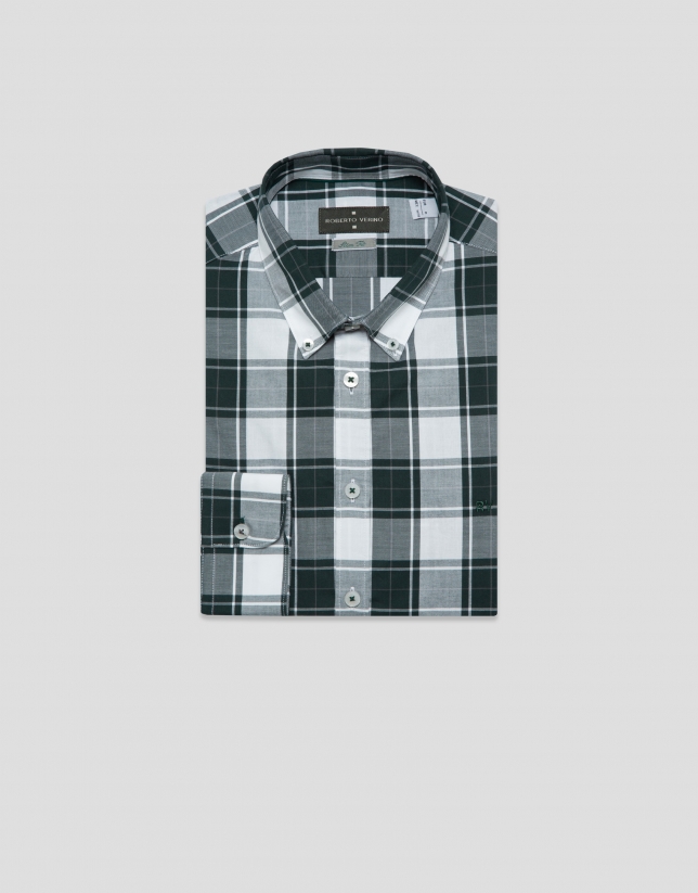 Slim fit green checked sport shirt with white/grey trim